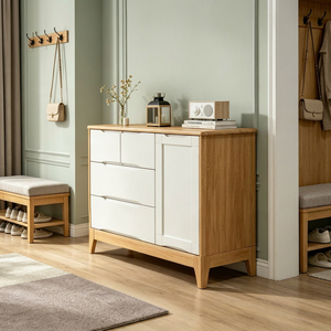 Armoire de rangement moderne en bois massif avec 3 tiroirs, porte à panneau plat, design scandinave pour l'entrée et le salon - Product Image 1