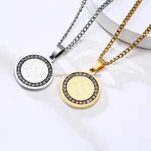 Jewelry Wholesale Golden Oval Round Stainless Steel Zircon Allah Pendant Necklace for Men Women