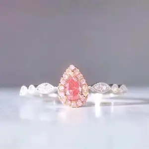 水滴形状设计宝石首饰18k金0.084ct天然粉红色钻戒妇女