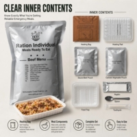 Rations de survie d'urgence MRE, repas chaud auto-chauffant, bœuf, riz instantané, emballage sous vide, durée de conservation de 60 mois