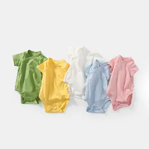 Onesie macacão de bebê, atacado onesie roupas de bebê macacão de manga curta lisa colorida em branco 100% algodão para o verão