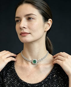 Octagonal Frame Lab Emerald Paperclip Link Choker 14K White Gold Paved Diamond Evening <b>Statement</b> <b>Necklace</b> - Product Image 6