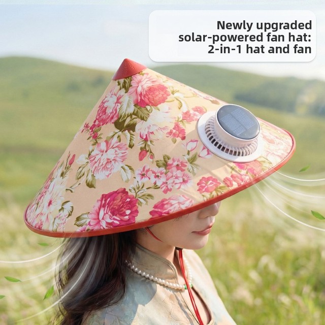 In-stock Solar-Powered Fan Tea-Picking Fisherman's Hat Waterproof Rainproof Sun-Proof Geometric Pattern Universal Outdoor Sun