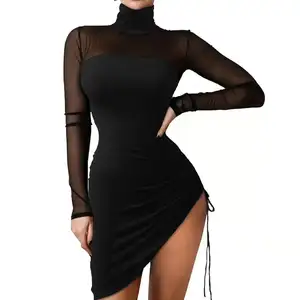 European and American popular women's slim-fit gilded one-line shoulder sheath black dress