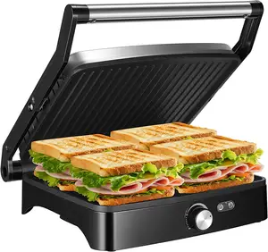 Panini-Parrilla de prensa para interiores, sandwichera con ajuste de temperatura, 4 rebanadas, parrilla antiadherente, versátil, abre 180 grados