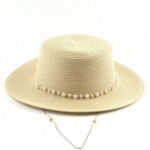 Wholesale Seaside Sunshade Paper Sun Beach <b>Hats</b> <b>Flat</b> Round Top Womens Straw <b>Hats</b> With Pearl Chain - Product Image 5