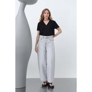 Pantalon en jean à jambes larges pour femme, taille haute, extensible, délavé clair, 32192PNT - Product Image 5