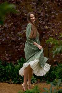 Robe longue bohème à col en V, imprimé floral vert, manches longues, taille élastique, coupe ample trapèze, en coton et fibre de bambou, pour le printemps, tenue décontractée - Product Image 4