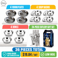 PAL Ensemble de vaisselle en acier inoxydable 304 de 36 pièces, assiettes rondes, bols à soupe, emballage cadeau pour la maison, les restaurants et la restauration