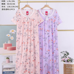 Pijama <span class=keywords><strong>térmico</strong></span> de verano para <span class=keywords><strong>mujer</strong></span>, cuello de manga corta, estampado Floral pequeño, camisón de seda de leche de talla grande, vestido holgado para el hogar - Product Image 2