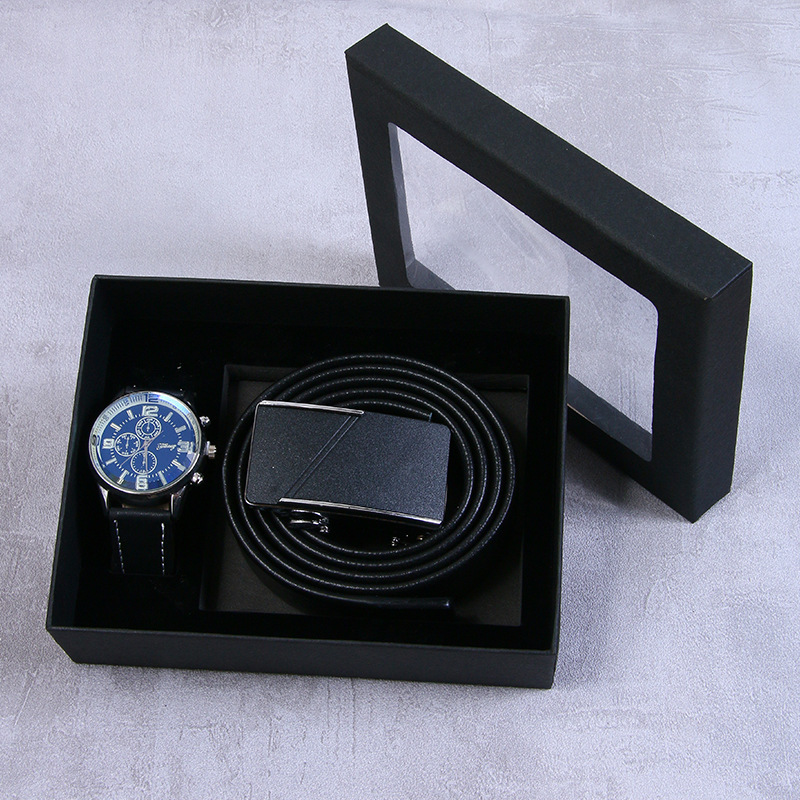 Set da 3 pezzi nero, Cintura + orologio + scatola