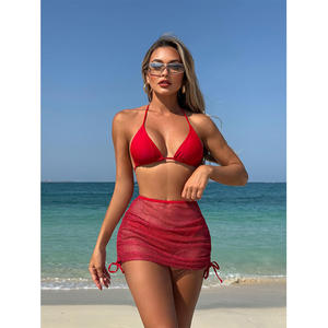 Conjunto de Bikini Triangular Rojo de 3 Piezas para Mujer con Pareo de Malla y Lazos Laterales, Traje de Baño para Playa de Verano - Product Image 1