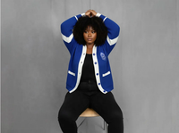 Pull cardigan en acrylique d'hiver Zeta Phi Beta pour femme, bleu, tricoté, style universitaire, broderie chenille, col en V, personnalisé OEM