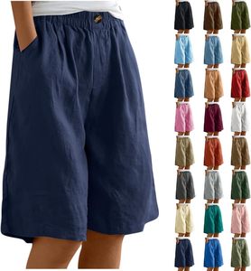 Shorts en lin et coton tissé taille haute pour femme, coupe ample, décontractés, couleur unie, style utilitaire, bas de tenue d'été - Product Image 1