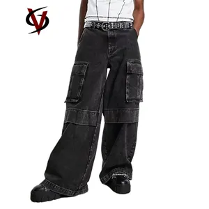 2023 Loose Fit Cotton Denim Cargo Pant Men's Wide leg Cargo Jeans in Acid Washed Black