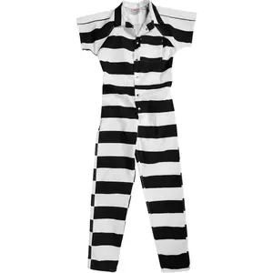 थोक कस्टम डिजाइन सफेद और काले धारी त्रि सिले पूर्ण शरीर कैदी Jumpsuit