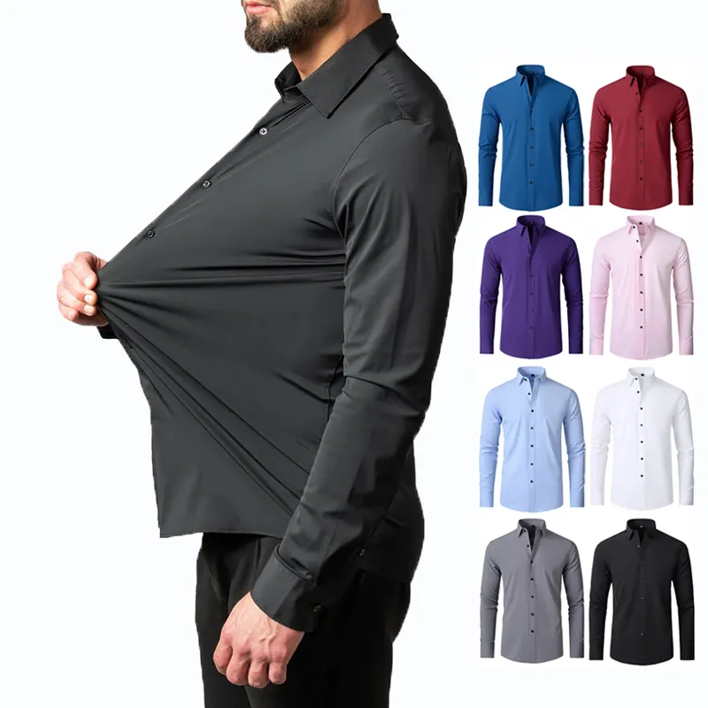 Camicie da lavoro Casual elastiche in seta personalizzate per uomo Camisas Para Hombres camicie eleganti da uomo a maniche lunghe