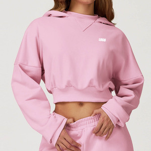 Felpe con Cappuccio da <span class=keywords><strong>Donna</strong></span> in Cotone con Logo Personalizzato Ricamato o Stampato, Pullover con <span class=keywords><strong>Maniche</strong></span> Lunghe e Taglio Corto - Product Image 3