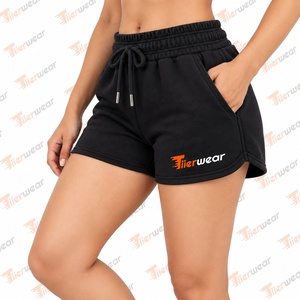 Shorts de sport pour femme Tiierwear, taille haute, avec cordon de serrage, en coton tricoté respirant, couleur unie noir, jambe droite - Product Image 4