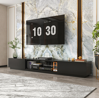 Meuble TV en bois noir à profil bas, console multimédia longue avec compartiment ouvert et armoires de rangement latérales, meuble TV pour salon