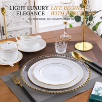 Assiettes de présentation en porcelaine fine blanche à bord doré, peintes à la main, compatibles micro-ondes - Style européen de luxe pour mariages et hôtels - OEM