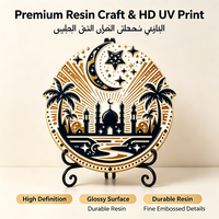 Décoration de maison Ramadan : Plaque ronde en résine avec croissant et étoile, scène mosquée et palmier en résine UV 3D en relief, ornement de bureau