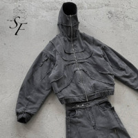 Benutzer definierte Y2K Vintage Jeans jacke American High Street Trend Spleißen Gothic Style Übergroße Kapuzen pullover mit Reiß verschluss Punk Ninja Hoodie