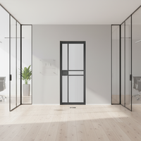 Nouvelle porte coulissante en bois à grille géométrique moderne pour chambre à coucher, finition gris mat, panneaux en verre dépoli, appartement, hôtel, entrepôt, villa