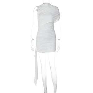 فستان نسائي أنيق برقبة دائرية بلا أكمام غير متماثل مكشكش ضيق قصير مع فتحة جانبية أزياء حفلات ملابس النادي - Product Image 4