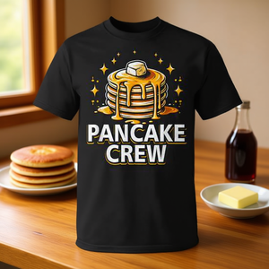 T-shirt Pancake Crew in cotone nero, unisex, taglia adulta S M L XL XXL, design a tema pancake, abbigliamento casual - Product Image 3