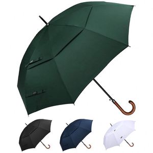 Parapluie de golf personnalisé de haute qualité pour adultes, coupe-vent, en fibre de verre, double couche, ouverture automatique, poignée incurvée en bois - Product Image 1