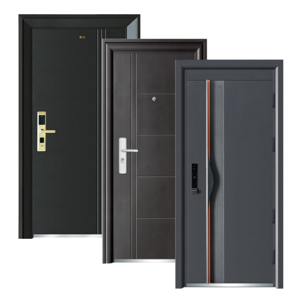 American Modern Style Main Security Door External Metal Steel Entry Front Doors Exterior Black Door for House Villa