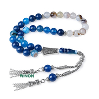 Vente en gros professionnelle de tasbih musulman pour hommes en agate bleue et blanche naturelle de 10 mm, 33 perles, misbaha turque, cadeau de Ramadan et de l'Aïd