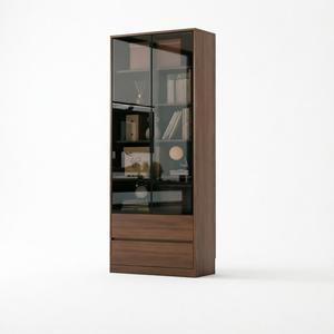 Librero Alto de Estilo Europeo Moderno <span class=keywords><strong>con</strong></span> <span class=keywords><strong>Puertas</strong></span> Corredizas de Vidrio Templado, 2 Cajones Inferiores y Estantes Ajustables, Acabado en Nogal, para Oficina en Casa - Product Image 2