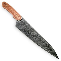 Couteau de Chef Professionnel en Acier Damas Forgé de Haute Qualité, Lame Affûtée Ambidextre, Métal Cuivré Gravé