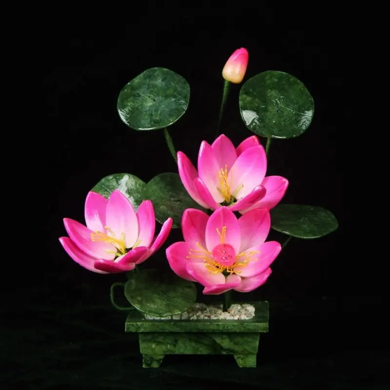 Trung Quốc ngọc bích hoa sen cây bonsai cây hardstone đá quý phong thủy trang trí nội thất thủ công ngọc bích và thủy tinh hoa sen giỏ