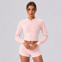 Veste de yoga zippée à col montant en Spandex/Nylon pour femme, manches longues, coupe courte ajustée, séchage rapide, pour la course et le fitness