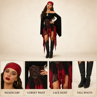 Damen-Piratenkostüm-Set mit schwarzem schulterfreiem Oberteil, Korsett-Taille, mehrlagigem roten Rock und Kopftuch für Halloween