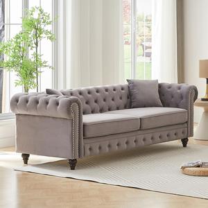 Sofá Chesterfield Italiano de Alta Gama, Posmoderno, Tapizado en Tela, Lujoso y Cómodo, de Tres Plazas, con Patas de Madera Maciza - Product Image 3
