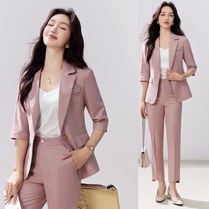 Pink Suit Set Women Three Quarter Sleeve Lightweight Breathable Formal Commute Wear - Product Image 1