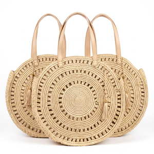 Natural <b>Raffia</b> Woven Round Tote Bag with Tassel Luxury Bohemian Shoulder <b>Handbag</b> Two Straps for Beach Travel up to 1L Capacity - Product Image 1