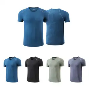 Camiseta esportiva masculina de poliéster de manga curta para corrida, camiseta esportiva com gola em branco, textura camuflada e respirável para academia