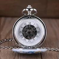 Jam Tangan Porselen Steampunk Biru Putih Motif Bunga Dial Romawi Jam Saku Unisex Liontin Kalung Mekanik Hadiah
