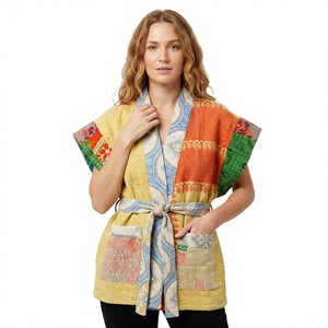 Colorful Patchwork Cotton Kimono Wrap Robe V-Neck Belted <b>Short</b> <b>Sleeve</b> Summer Women's <b>Jacket</b> - Product Image 1