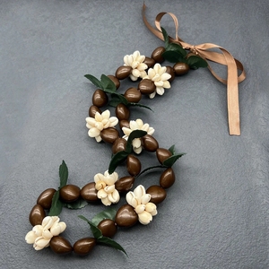 Hawaiian Black Kukui <strong>Nut</strong> Leis Flower <strong>Necklace</strong> Ribbon Bow Adjustable Acrylic Heart Shell Beads for Graduation Party Accessories - Product Image 3