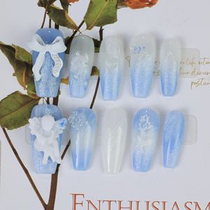 Uñas postizas de lujo con forma de ataúd largo, hechas a mano, con cobertura completa, acrílicas, con pedrería de estrellas, precio de fábrica al por mayor - Product Image 2