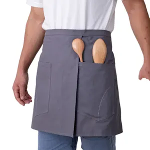KEFEI personalizado bordado Logo meio garçom avental com alta qualidade bolsos servidor enzima lavagem avental