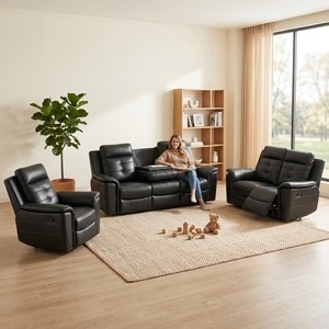 Sofá Reclinable Manual de 3 Plazas en Cuero Sintético Ecológico Moderno con Mesa Abatible para Sala de Estar, Asientos Confortables - Product Image 3