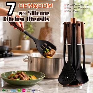 Cookware Gadget Set Wood Grain Handle <b>Silicone</b> Kitchen Utensils Cooking Utensils with Rotating Stand - Product Image 2