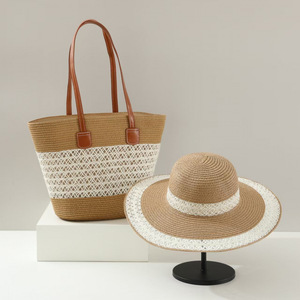 Hot Selling Fashion Woven Stroh Tasche Luxus Strohhut 2 Pcs Set Sunhat Damen Tote Handtasche Holiday Stripe Beach <span class=keywords><strong>Bag</strong></span> - Product Image 2